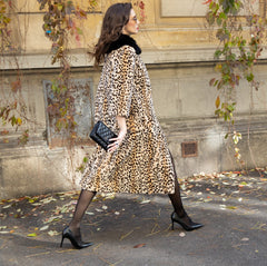 London Leopard-Print Shaved Mink Fur Coat with Detachable Fox Fur Collar