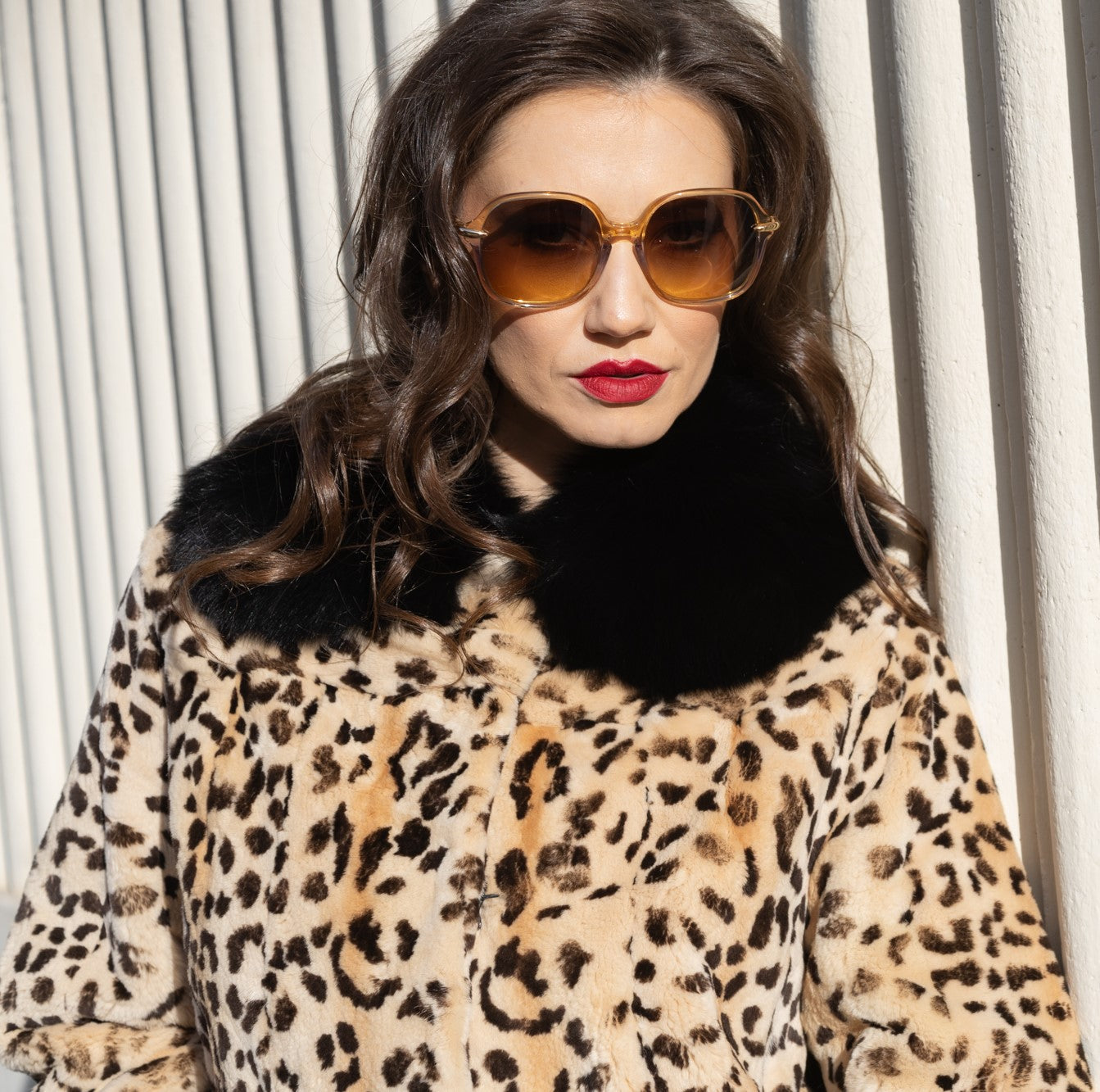 London Leopard-Print Shaved Mink Fur Coat with Detachable Fox Fur Collar